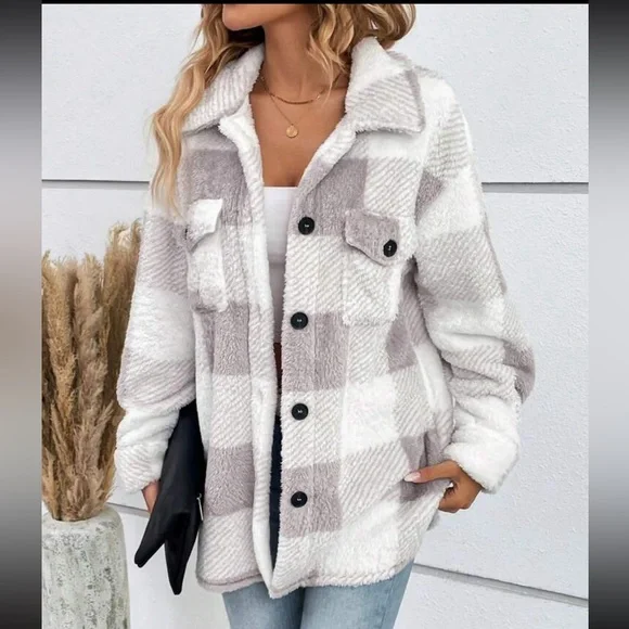 Cozy buffalo plaid button down teddy jacket - Main Image